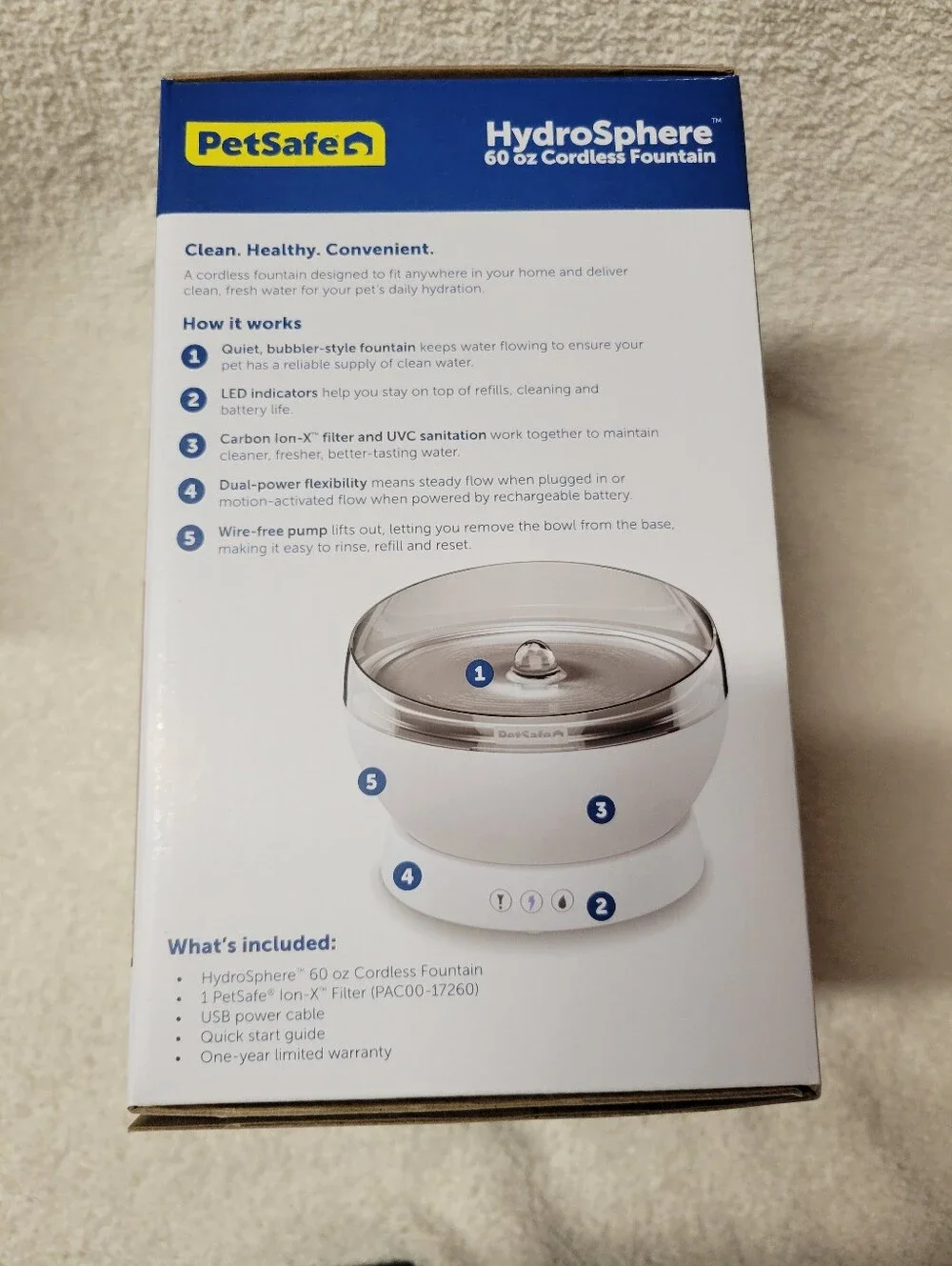 PetSafe HydroSphere Cordless Dog Cat Stainless Steel Fountain 60 oz White NEW